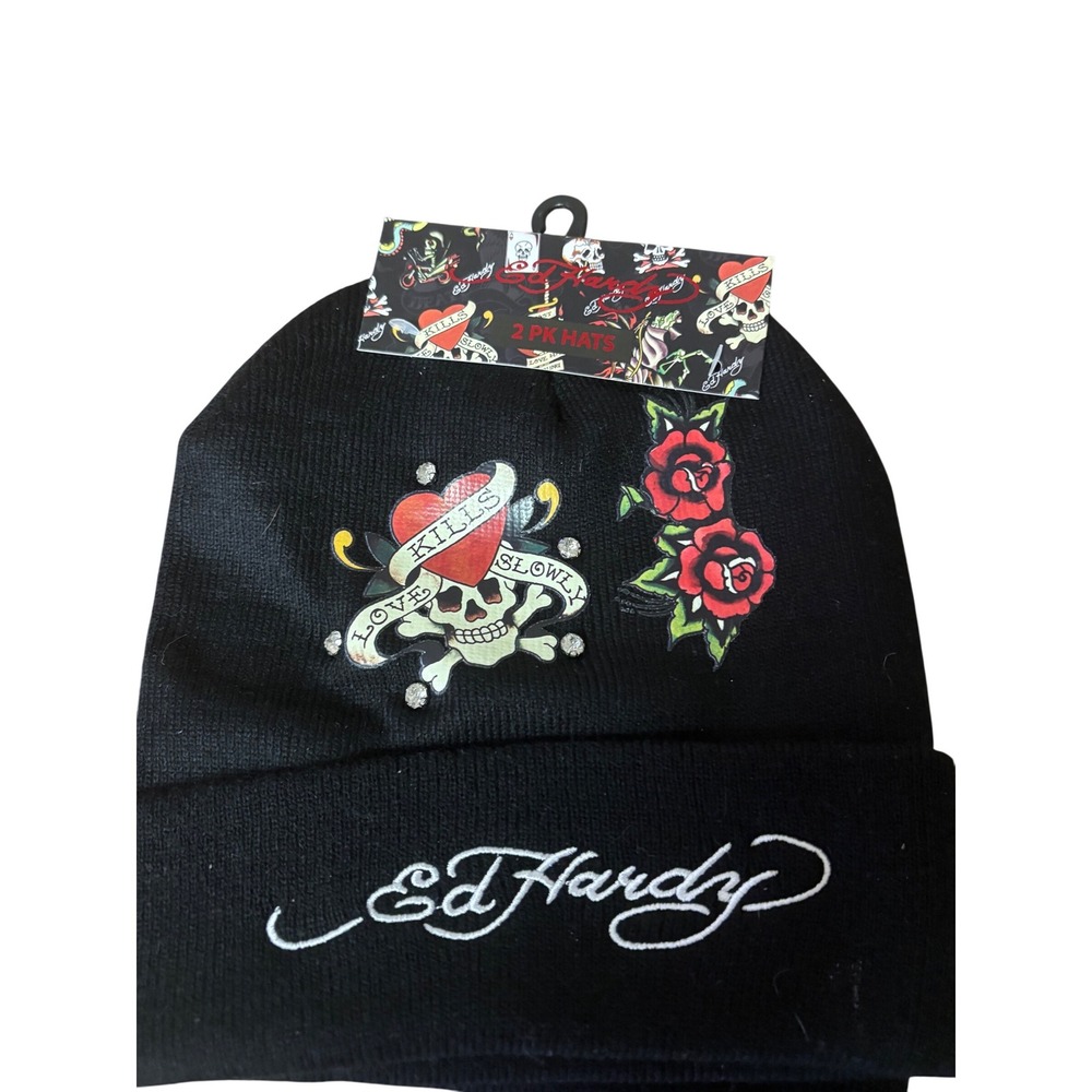 Ed Hardy 2 Pack‎ Beanie Hats Black Love Kills Slowly Skull Rose Rhinestone NWT